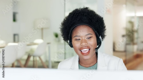 Offering virtual customer service as a call center sales rep. .Confident and happy businesswoman with afro hair consulting and operating a helpdesk for customer sales and service support photo