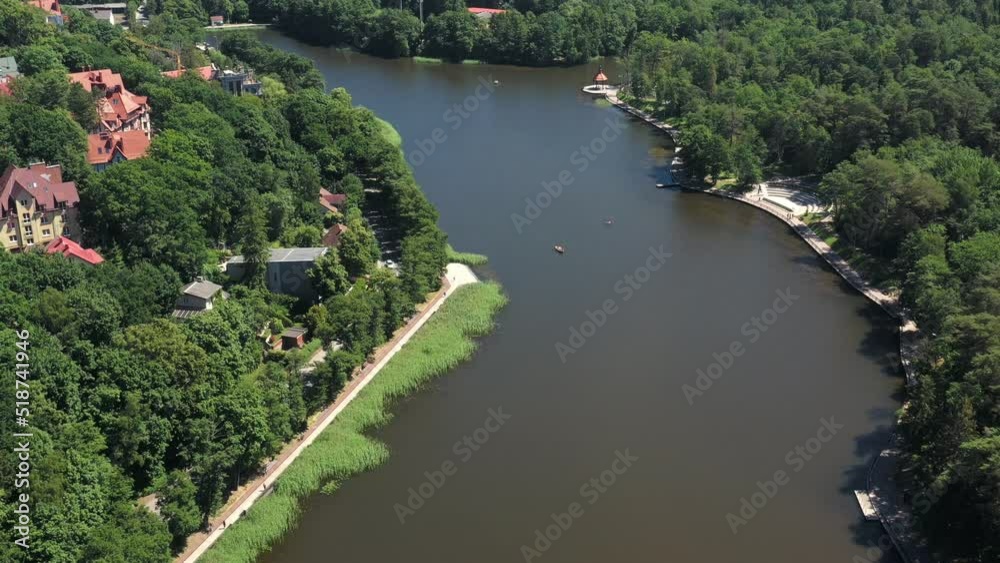 Svetlogorsk city with park and Tikhoe lake. Kaliningrad region. Aerial view from drone