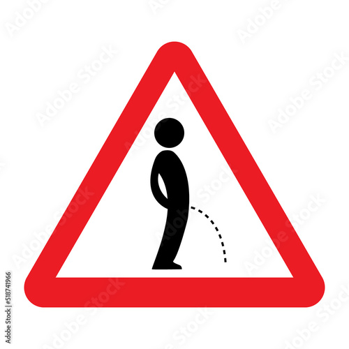 Peeing on the floor sign. Vector illustration of red triangle warning sign with man pissing on the floor. Pee sticker. Caution symbol. Urinating symbol isolated on background. Keep toilet clean.