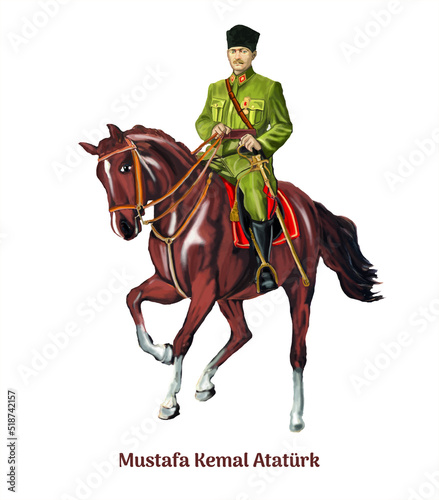 'mustafa kemal atatürk' drawing on horse.  hand drawing vector illustration 