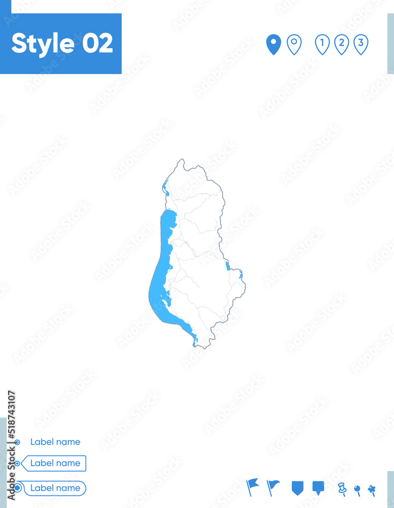 Albania - stroke map isolated on white background with water and roads. Vector map