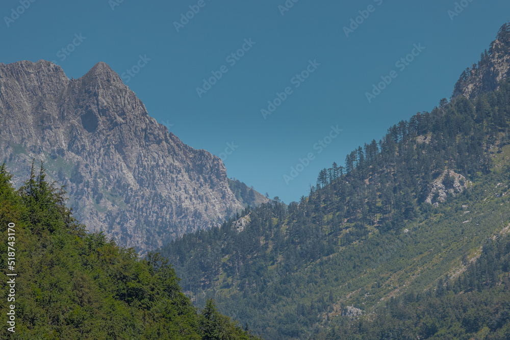 View of the slopes of different mountain peaks around Valbona valley in northern Albania, containing trees, fir and rocky mountain landscapes..