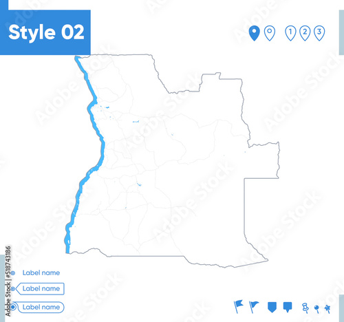 Angola - stroke map isolated on white background with water and roads. Vector map