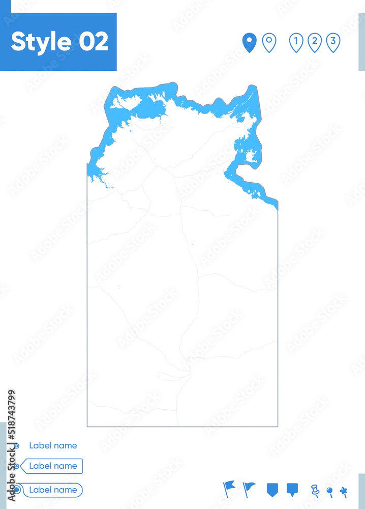 Northern Territory, Australia - stroke map isolated on white background with water and roads. Vector map