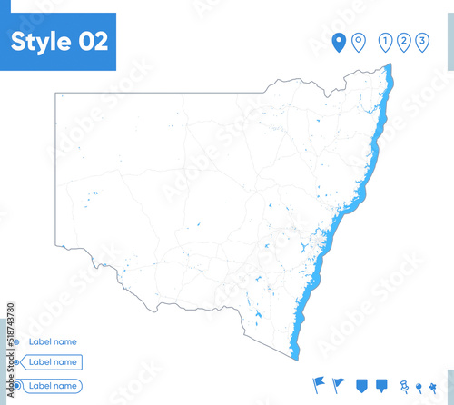New South Wales, Australia - stroke map isolated on white background with water and roads. Vector map