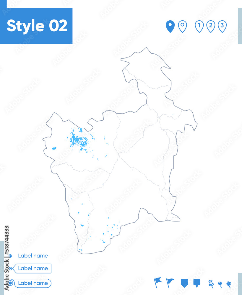 Potosi, Bolivia - stroke map isolated on white background with water and roads. Vector map