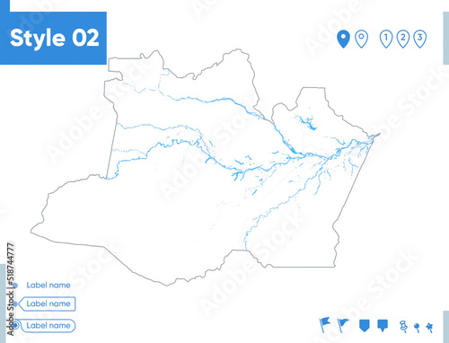 Amazonas, Brazil - stroke map isolated on white background with water and roads. Vector map