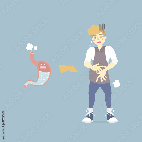 man bloating, having gas in stomach, belching, farting, disease health care infographic concept, flat character design clip art vector illustration