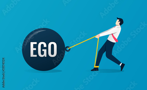 Ego burden concept. Businessman try to pull his ego. Businessman facing ego on his way to success