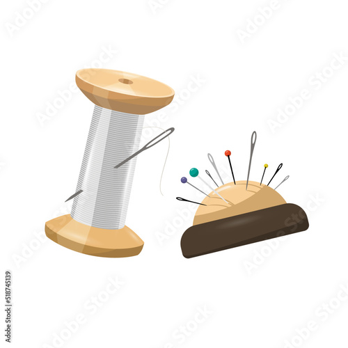 Sewing tools isolated on white background - spool of thread with needle and pincushion - vector photo