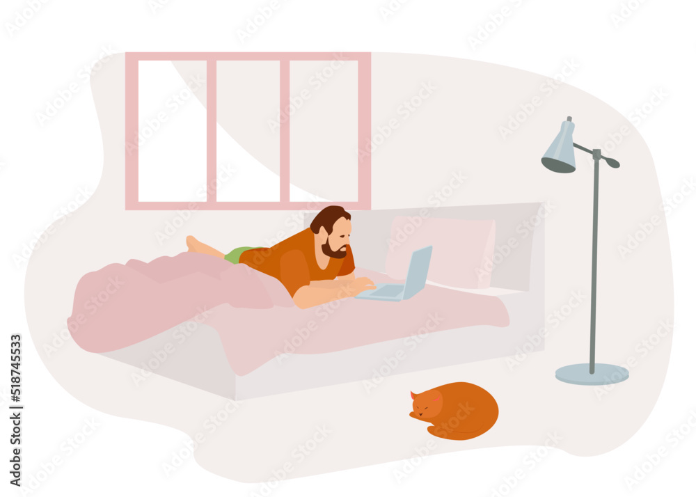 Obraz premium Work from home, coworking, concept illustration. Young male freelancer working on laptop at home. Flat style vector illustration