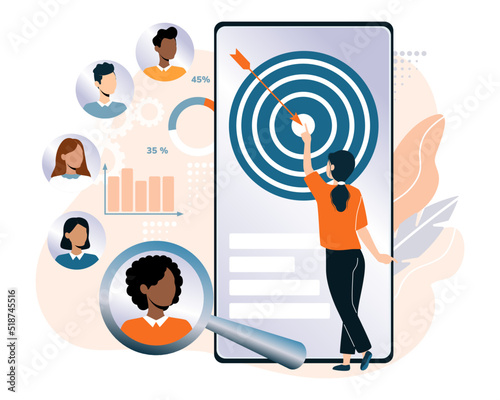 Target audience. Target customer concept. Tiny woman set up advertice on social networks in smartphone app. Customers outreach, digital targeting marketing, business goal, sales generation.Vector flat