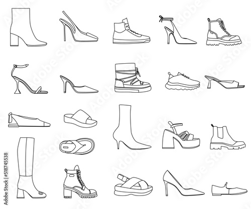 Women's shoes icons set. Shoes fashion line from high heels and sports sneakers to platform boots and summer sandals, linear isolated vector illustration on a black background