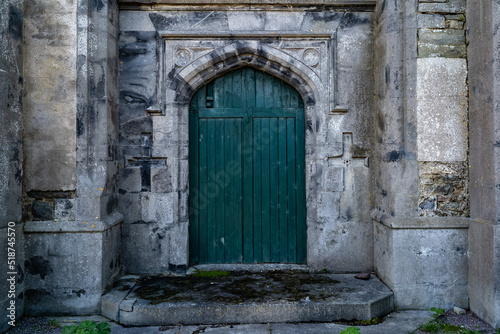 Doorway of closed old Irish Castle background.