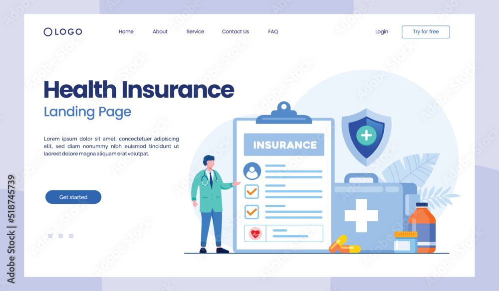 health insurance, policy, health protection, claim insurance, healthcare, medical, flat illustration vector landing page