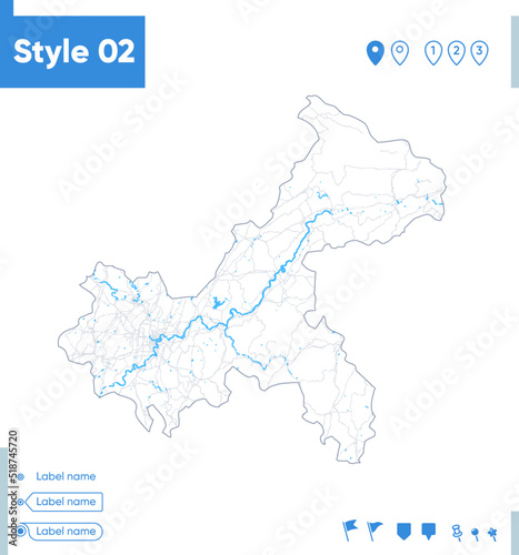 Chongqing  China - stroke map isolated on white background with water and roads. Vector map