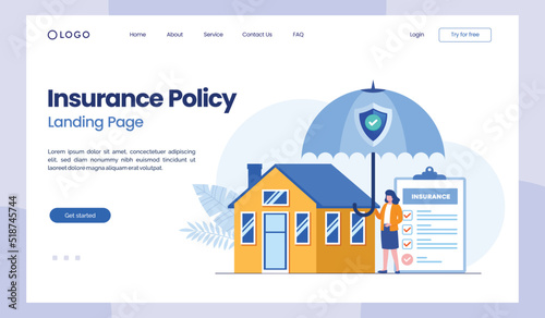 Insurance policy, umbrella, shield, property insurance, asset, real estate, flat illustration vector landing page