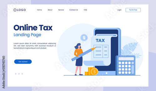 online tax, financial, paperwork, accounting, calculate, budget, flat illustration landing page vector