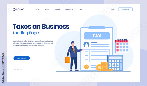 taxes on business, budget, economy, audit, payment, businessman, flat illustration landing page vector