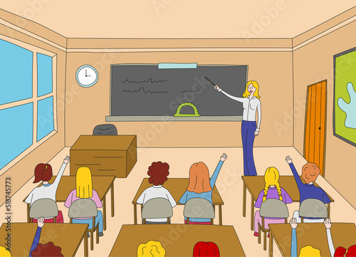 Classroom, students sitting at their desks, a woman teacher with a pointer standing at the blackboard. Vector cartoon school illustration.