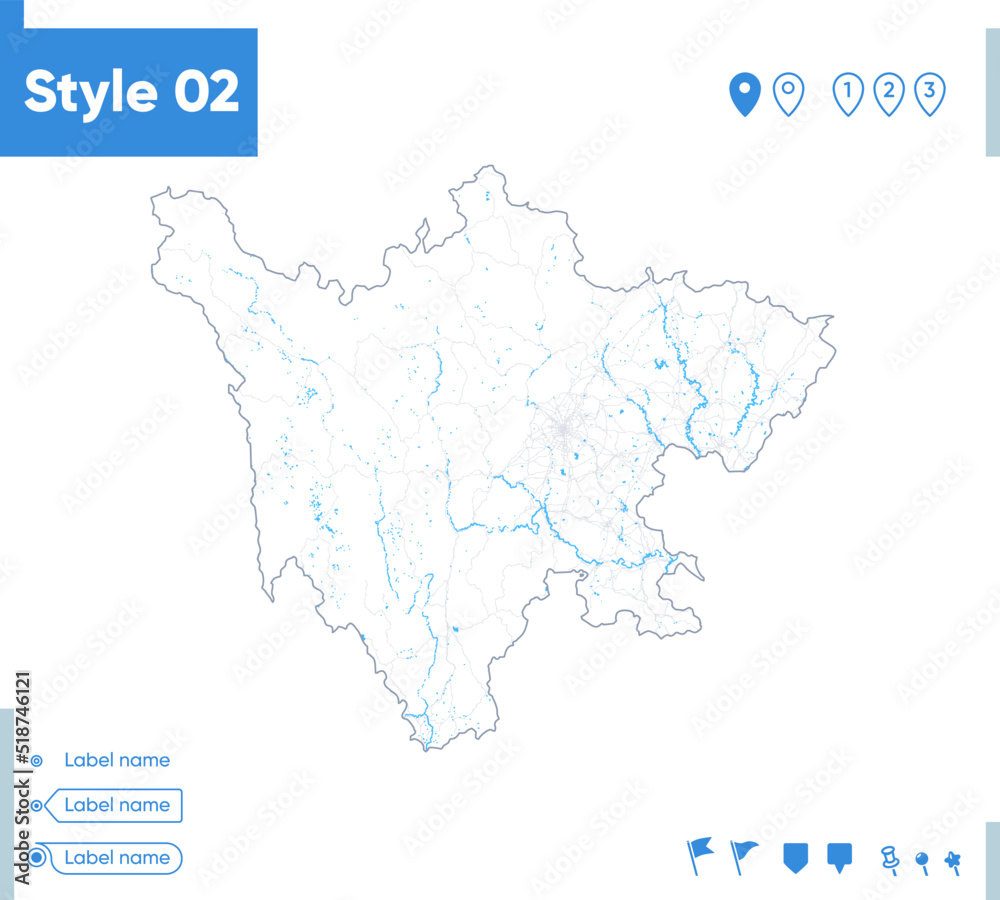 Sichuan, China - stroke map isolated on white background with water and roads. Vector map