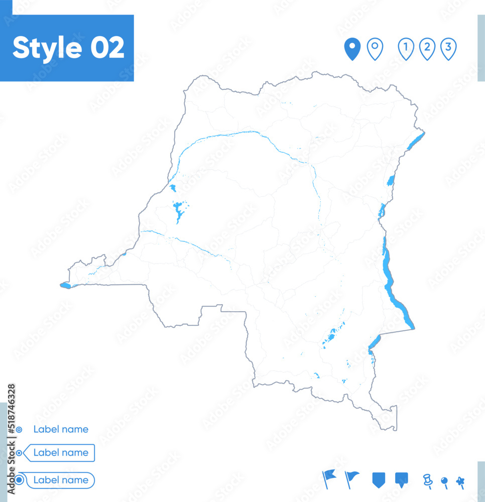 Democratic Republic of the Congo - stroke map isolated on white background with water and roads. Vector map