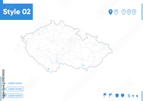 Czech Republic - stroke map isolated on white background with water and roads. Vector map