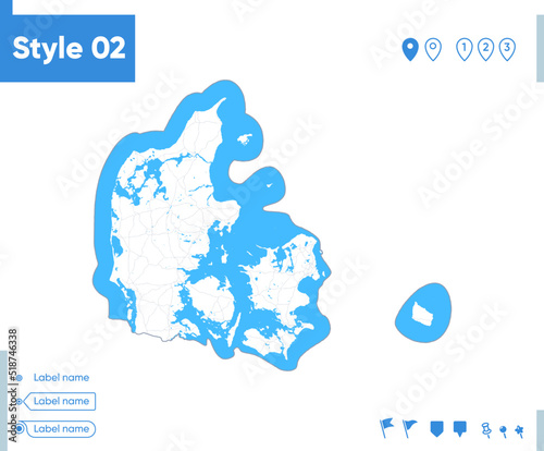 Denmark - stroke map isolated on white background with water and roads. Vector map