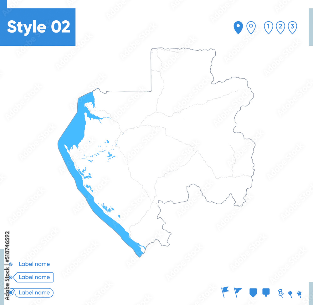 Gabon - stroke map isolated on white background with water and roads. Vector map Gabon - stroke map isolated on white background with water and roads. Vector map
