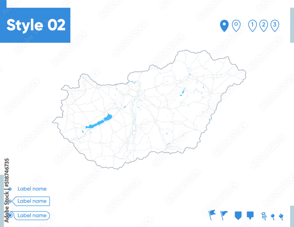 Hungary - stroke map isolated on white background with water and roads. Vector map Hungary - stroke map isolated on white background with water and roads. Vector map