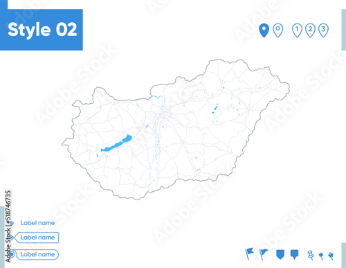 Hungary - stroke map isolated on white background with water and roads. Vector map