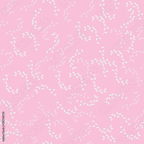 Pink seamless pattern with white small leaves. Vector graphics