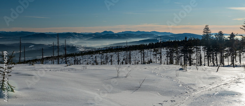 Amazing view from Wierch Wiselke near Barania Gora hill summit in winter Beskid Slaski mountains in Poland © honza28683