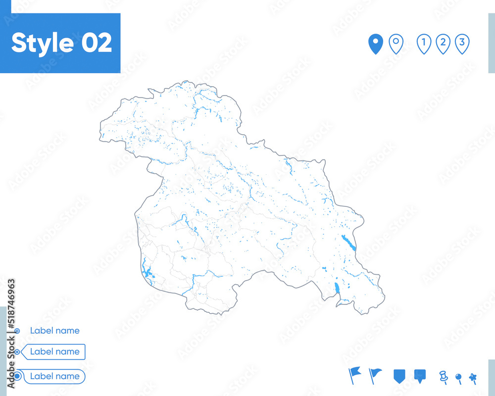 Jammu And Kashmir, India - stroke map isolated on white background with water and roads. Vector map