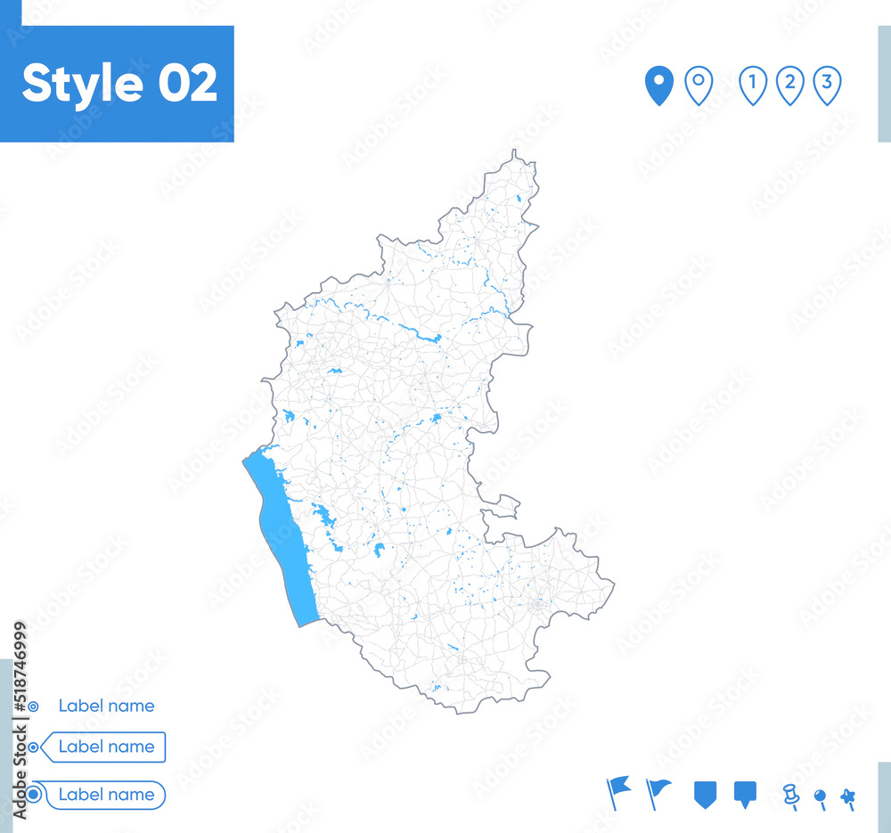 Karnataka, India - stroke map isolated on white background with water and roads. Vector map