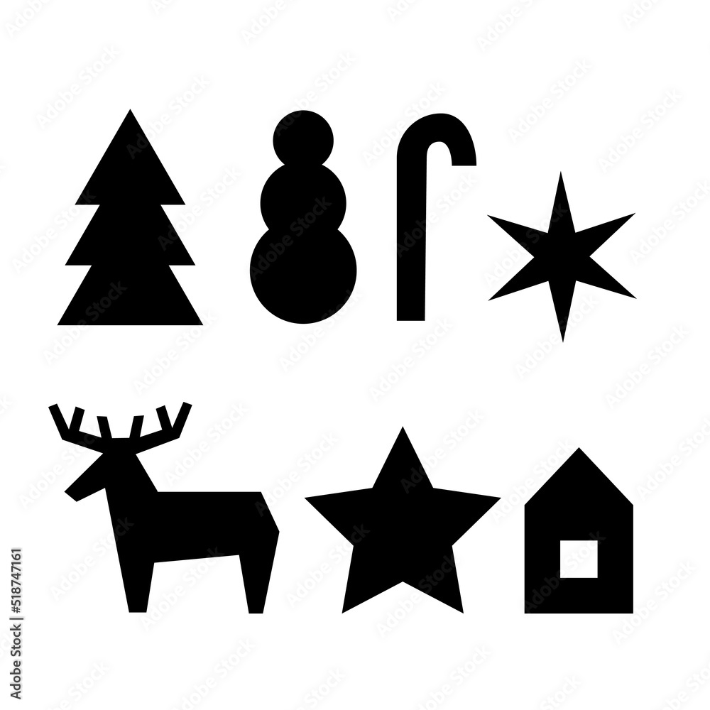 Christmas figures geometric set. Silhouette of reindeer, star, snowman, pine tree, house, candy cane. Vector illustration Christmas figures geometric set. Silhouette of reindeer, star, snowman, pine tree, house, candy cane. Vector illustration