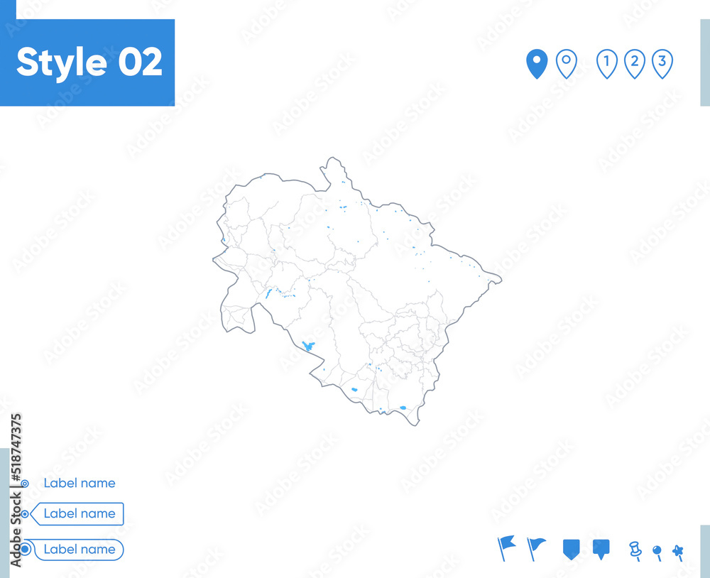 Uttarakhand, India - stroke map isolated on white background with water and roads. Vector map