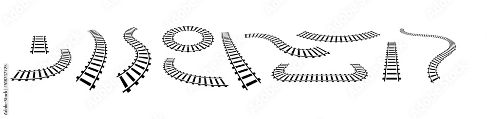 Vector illustration of curved railroad isolated on white background. Straight and curved railway train track icon set. Perspective view railroad train pathes. Vector illustration of curved railroad isolated on white background. Straight and curved railway train track icon set. Perspective view railroad train pathes.