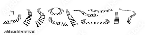 Vector illustration of curved railroad isolated on white background. Straight and curved railway train track icon set. Perspective view railroad train pathes. 