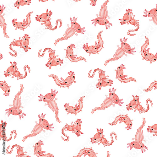 Watercolor pattern little axalotls on a white background