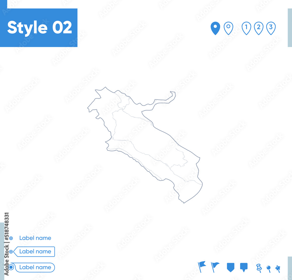 Ilam, Iran - stroke map isolated on white background with water and roads. Vector map