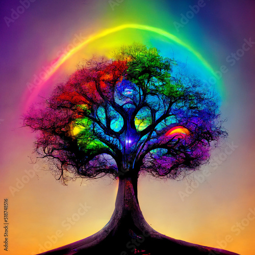 glowing rainbow tree at night