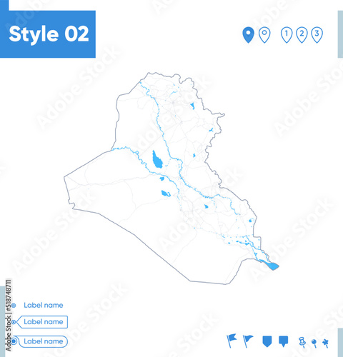 Iraq - stroke map isolated on white background with water and roads. Vector map