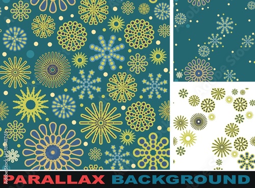 Festive background. Set parallax effect. Square Seamless pattern. Dark. Bright flashes of fireworks in a symbolic style. Petard and squib. Flat design. Cartoon style. Vector photo
