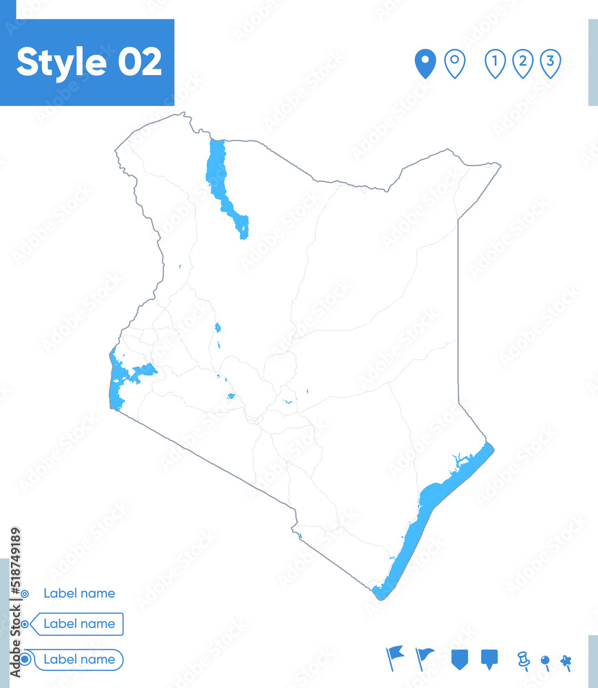 Kenya - stroke map isolated on white background with water and roads. Vector map