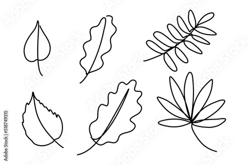 Autumn leaves set in continuous line drawing. Sketchy single leaf collection. Outline simple artwork with editable stroke. Vector.