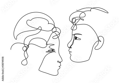Men head set in continuous line drawing. Sketchy man profiles. Outline simple artwork with editable stroke. Vector.