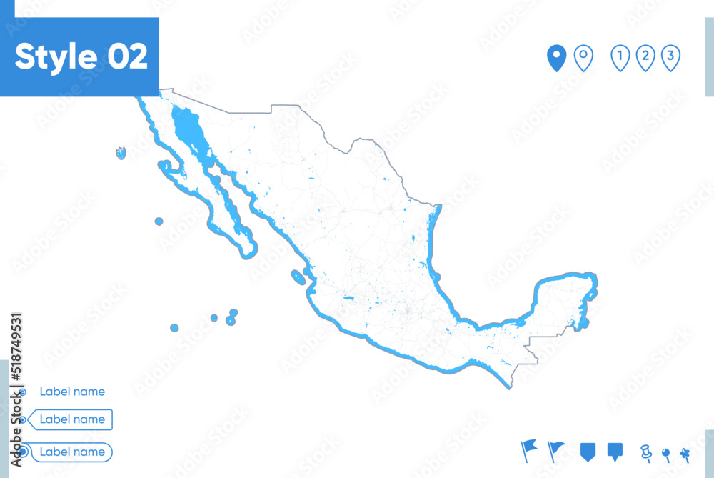 Mexico - stroke map isolated on white background with water and roads. Vector map