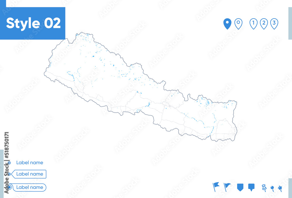 Nepal - stroke map isolated on white background with water and roads. Vector map