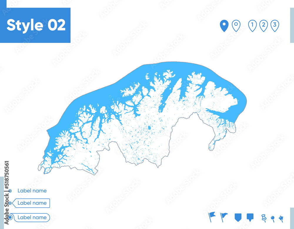Troms Og Finnmark, Norway - stroke map isolated on white background with water and roads. Vector map Troms Og Finnmark, Norway - stroke map isolated on white background with water and roads. Vector map